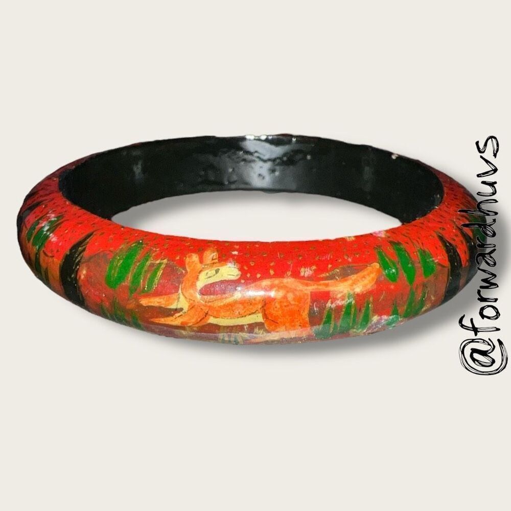 Hand-Painted 7 3/4” Wooden Bangle Bracelet – Woodland Animal Scene